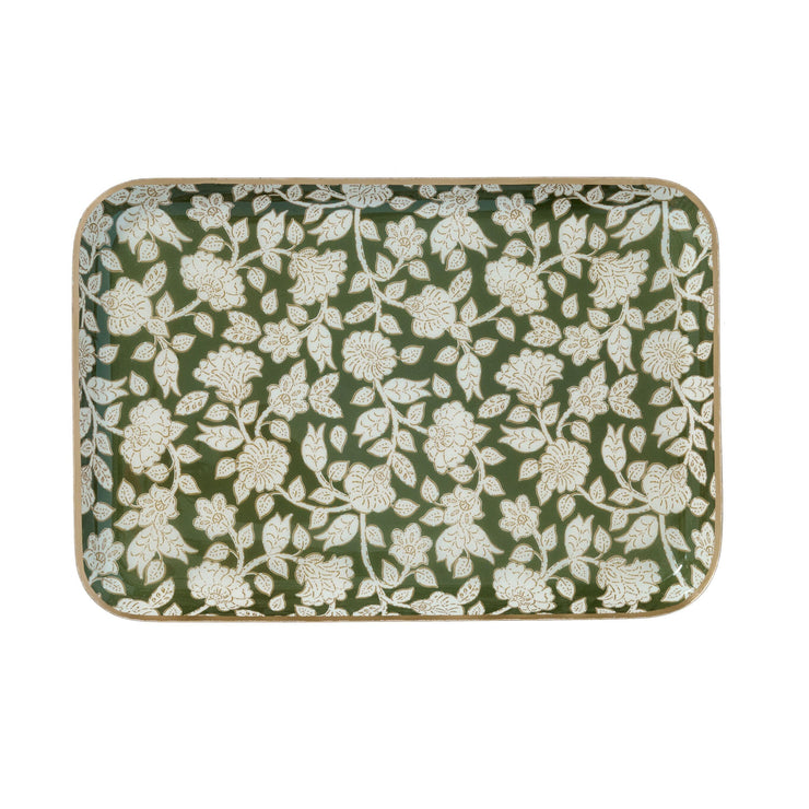 Grand Plateau bohème chic à fleurs en métal émaillé Jaya vert - Bonheur Du Jour