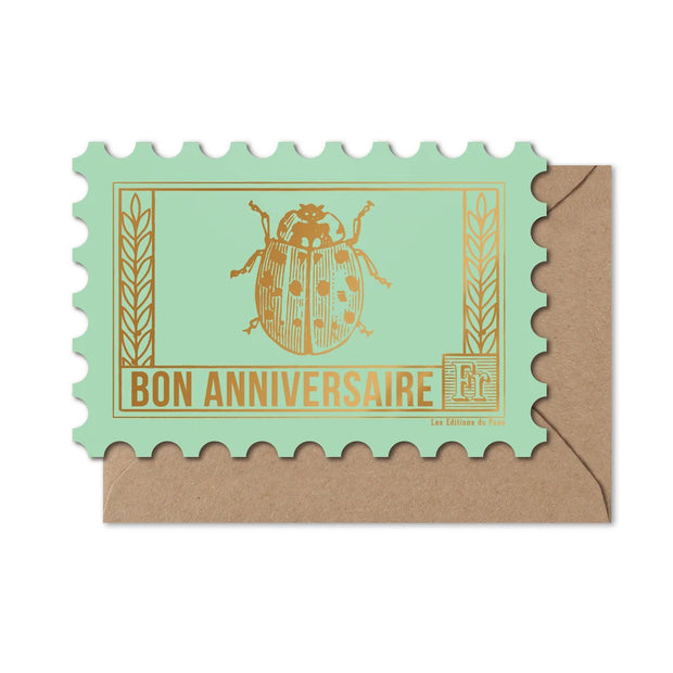 Carte TIMBRE ANNIVERSAIRE - Coccinelle verte