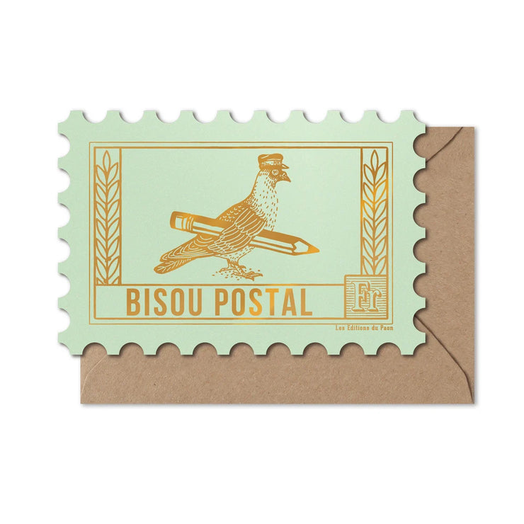 Carte TIMBRE BISOU POSTAL - Pigeon vert d'eau