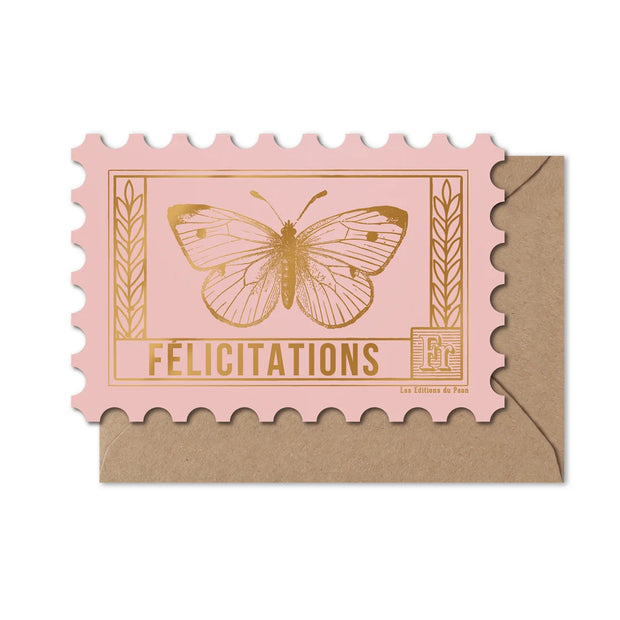 Carte TIMBRE FÉLICITATIONS - Papillons rose