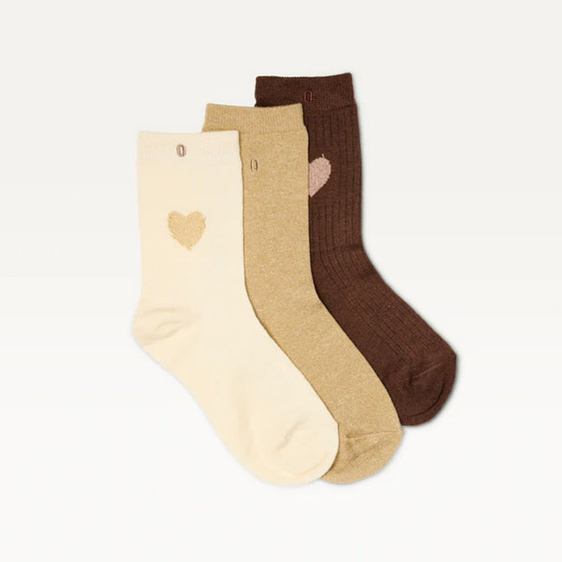 Pack de 3 Chaussettes - Fantaisie Coeur Marron, Doré & Écru