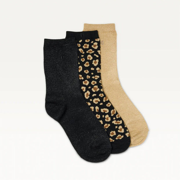 Pack de 3 Chaussettes - Fantaisie Paillettes & Léopard Noir & Doré