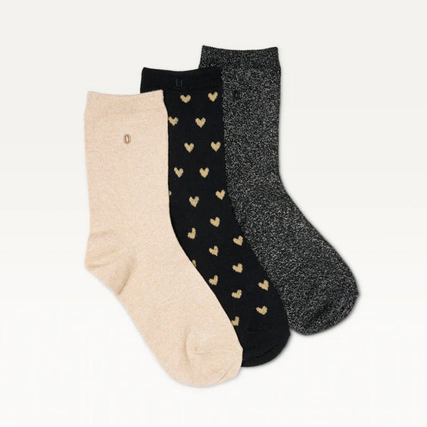 Pack de 3 Chaussettes - Fantaisie Petit Coeur Noir Doré