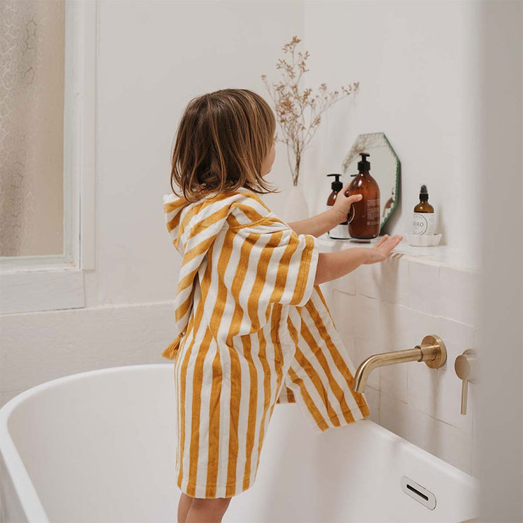 Poncho de bain Suzon rayé moutarde et blanc - Rose In April