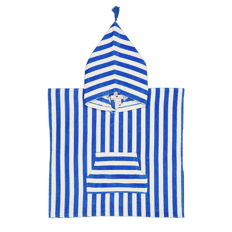 Poncho de bain Suzon rayé bleu grec et blanc - Rose In April