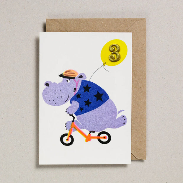 Carte anniversaire - 3 ans- Hippo sur Vélo - Petra Boase
