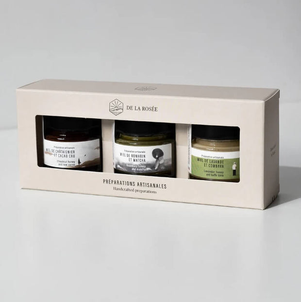 Coffret 3 miels x 40g - Matcha / Café / Combava/ - De la rosée