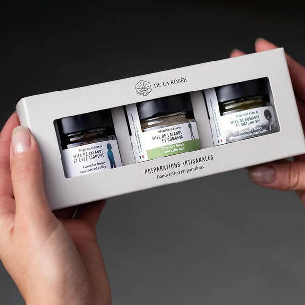 Coffret 3 miels x 40g - Matcha / Café / Combava/ - De la rosée