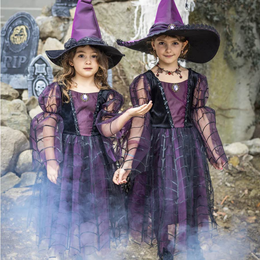 Déguisement Sorcière Enfant – Robe, Chapeau, Balai, Masque – Violet Et Noir – 3-12 Ans