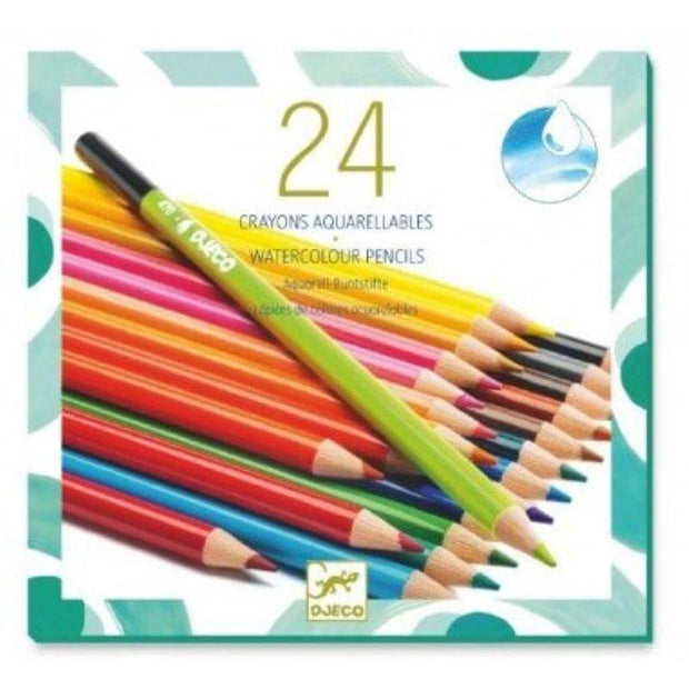 Les enfants peuvent facilement créer de jolies aquarelles grâce à ce kit Djeco comprenant 24 crayons de couleurs aquarellables.