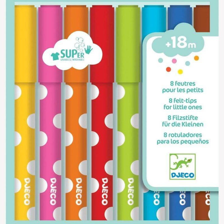 8 feutres jaune, rose, rouge, violet, vert, bleu, noir & marron. Facilement lavables et parfait pour que les petits puissent les attraper. 