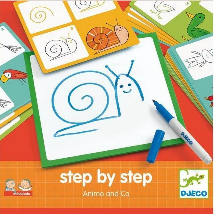Djeco vous propose ce jeu éducatif pour apprendre à votre enfant à dessiner les animaux étape par étape.