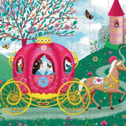 Puzzle originale imaginé par Djeco sur le thème des princesses avec boite de rangement silhouette très jolie.