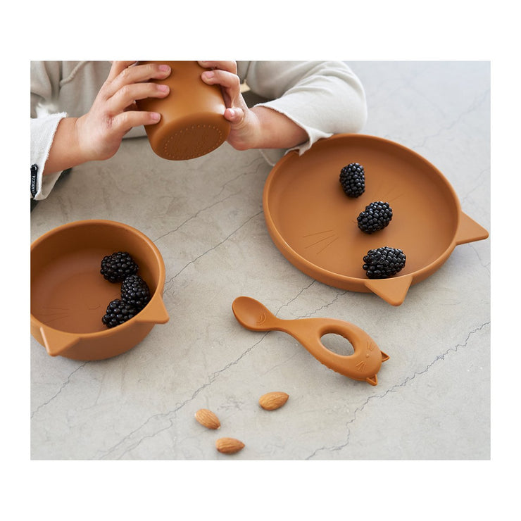 LIEWOOD - set de vaisselle bébé en silicone - chat moutarde