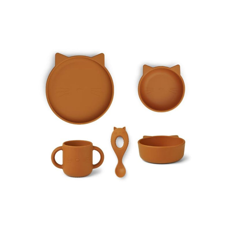 LIEWOOD - set de vaisselle bébé en silicone - chat moutarde