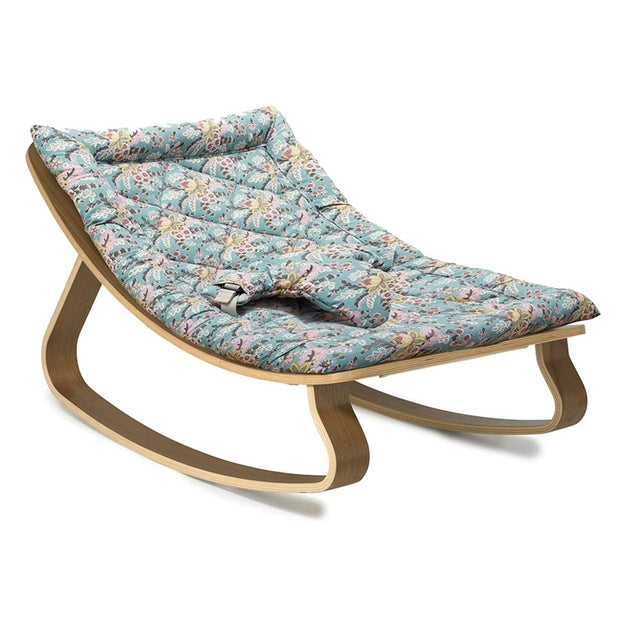Transat bébé LEVO Noyer / Coussin Blue Cream Flowers Louise Misha