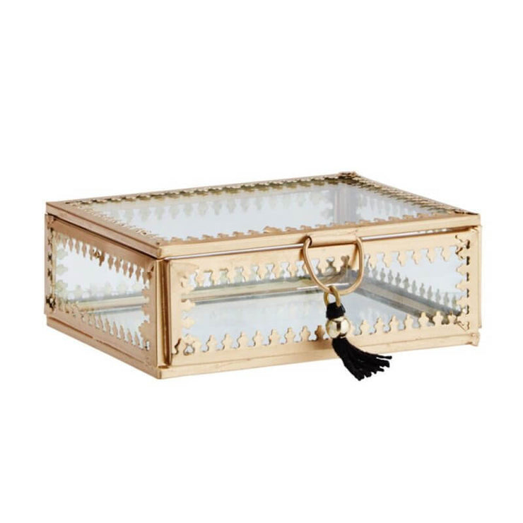 Grande boite à bijoux en métal doré et verre