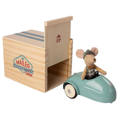 MAILEG - ensemble vintage poupée Grand frère souris, voiture & garage - bleu