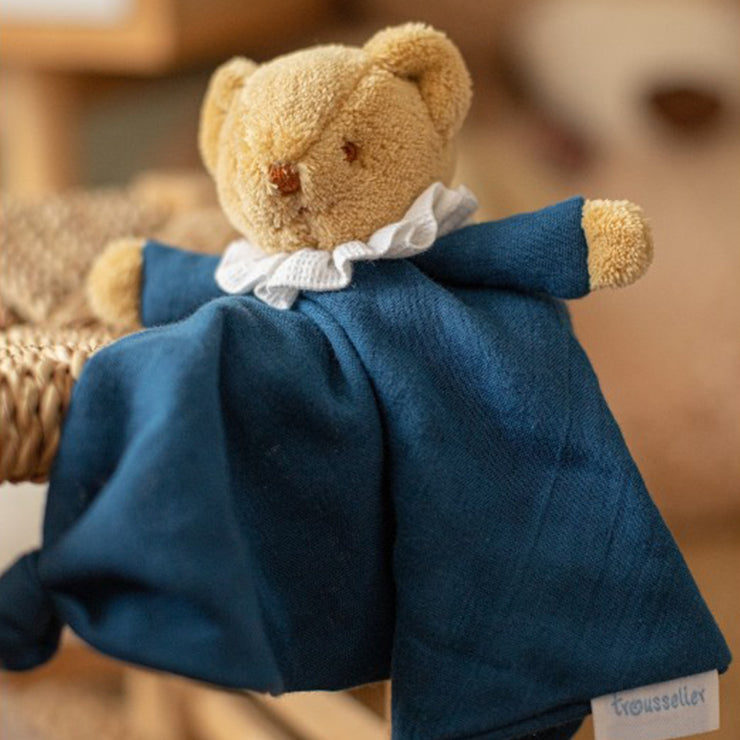 Triangle Doudou avec Hochet - Coton Bio Bleu Denim
