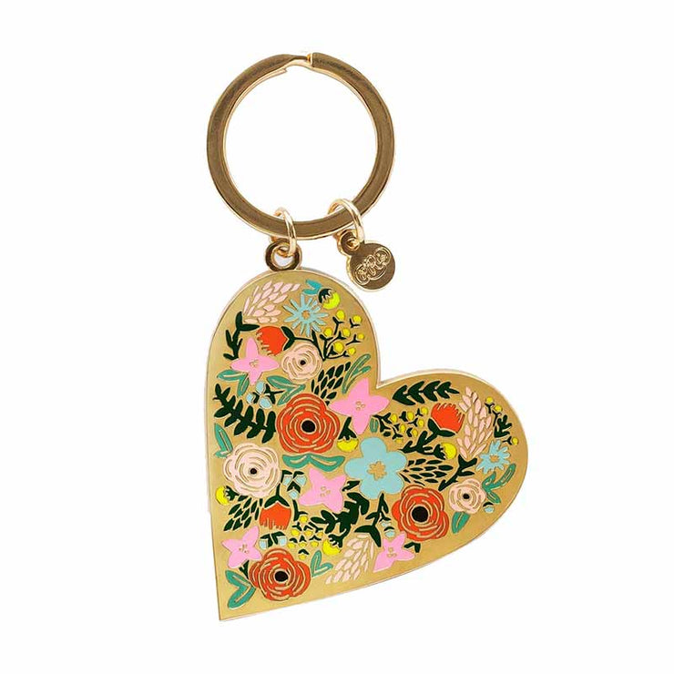Porte-clé en métal émaillé coeur fleuri